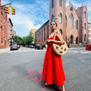Worn just to take pictures, bright red in trend midi dress from Mango